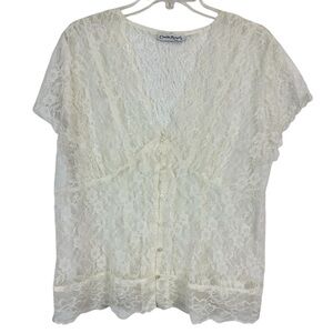 Claudia Richard Sheer Lace Fitted Button Front Short Sleeve Top Women’s Size L